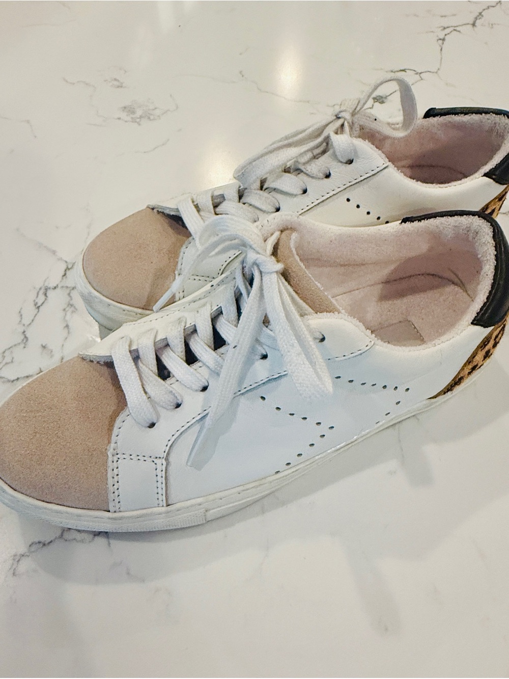 Steven NY White Leather Casual Sneakers-Beige Suede Toe and leopard heel